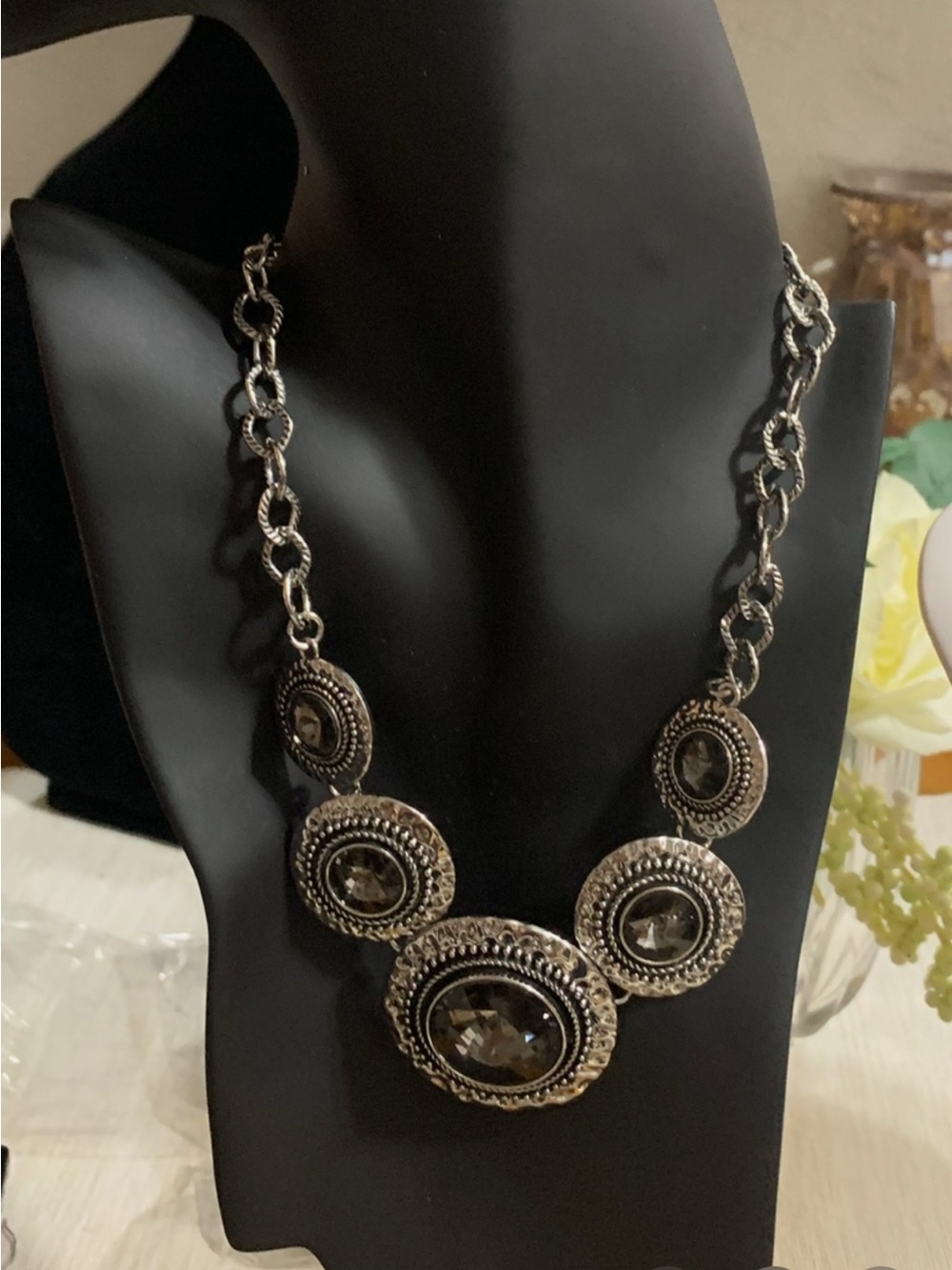 Statement Silver-Tone Necklace and Earring Set with Black Stones